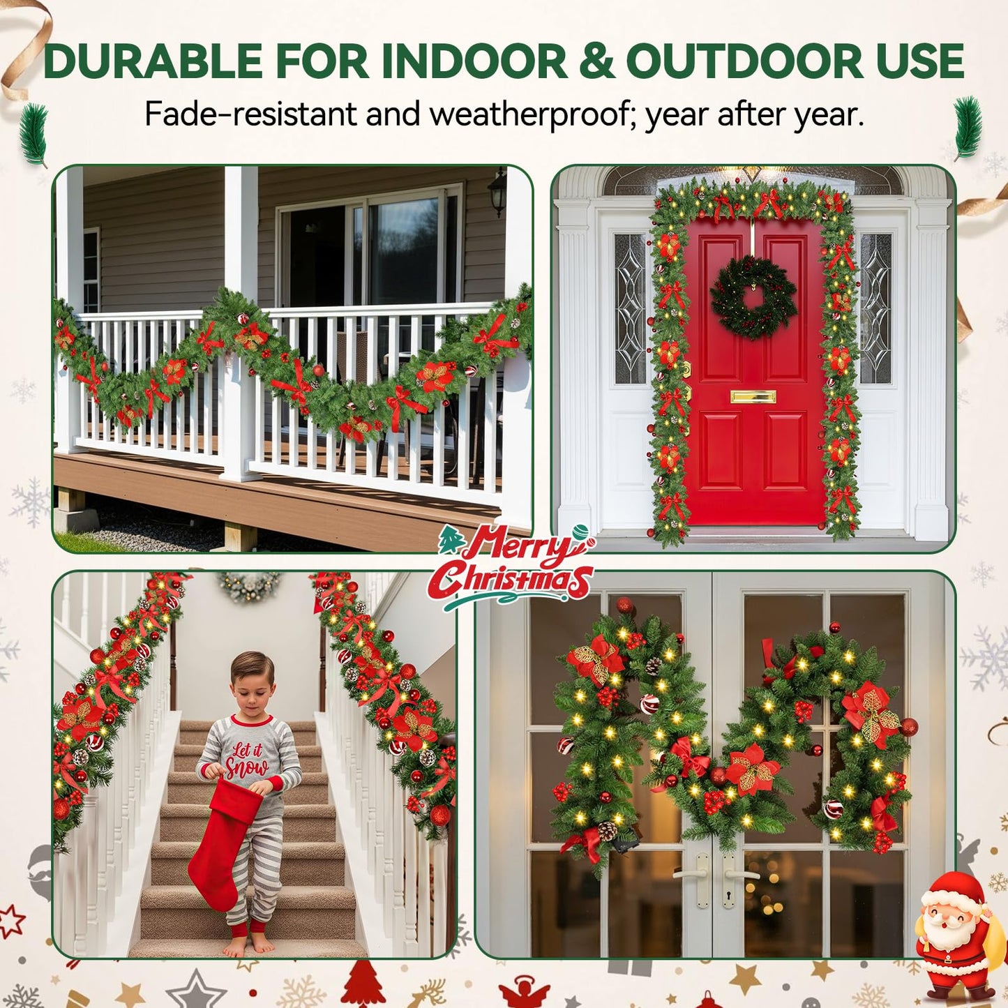 Christmas Garland with Lights 9FT Timer Prelit Garland Battery Operated Outdoor Indoor Christmas Decorations 30 LEDs Lighted Garland for Stairs Railing Fireplace Mantle Front Door Home Holiday Decor