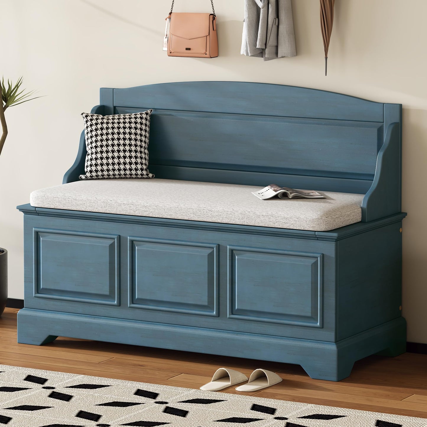 Knocbel Rustic Entry Storage Bench with Hidden Compartments and Removable Cushion, Wooden Entryway Hallway Foyer Shoe Bench Bedroom End of Bed Bench (Antique Navy and Beige)