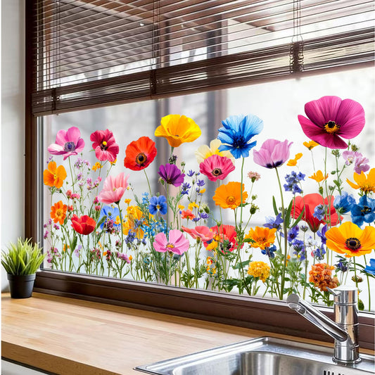 Colorful Wildflower Window Clings, Floral Bouquet Decals Lily Peony Poppy Grass Stickers for Bedroom Living Room Office Home Decoration