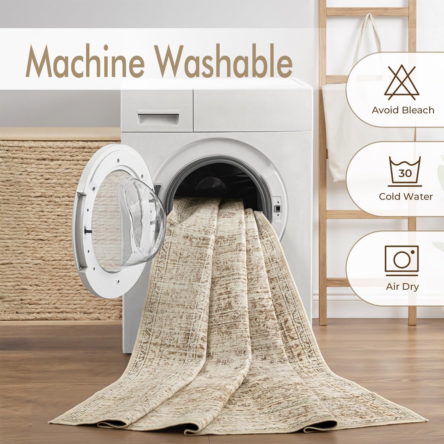 MIULEE 2x6 Washable Hallway Runner Rug, Vintage Long Rug for Hallway Kitchen Bedroom Laundry Room Bathroom, Non-Slip Stain Resistant Soft Throw Carpet Floor Mat, Neutral Beige