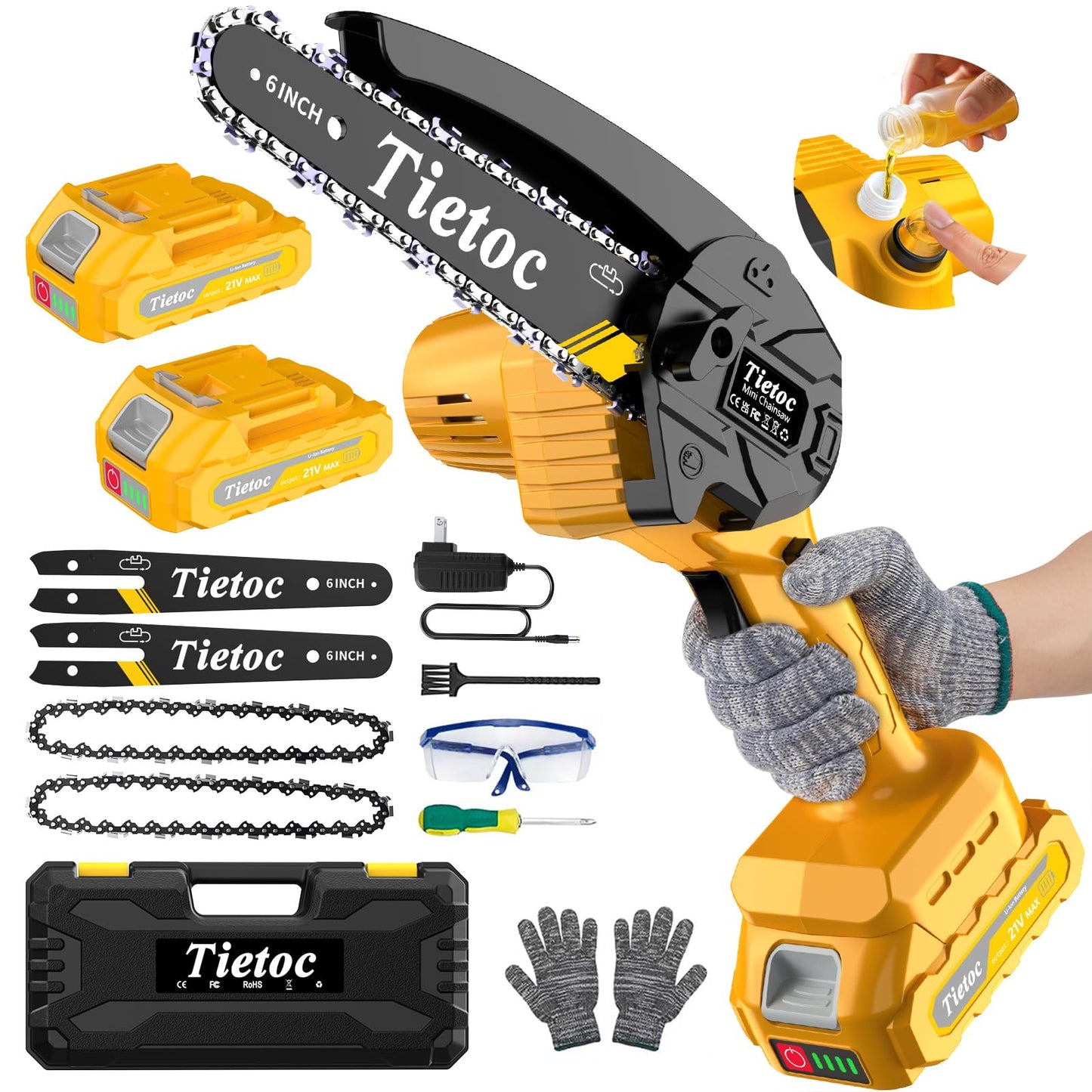 Mini Chainsaw Cordless,6 Inch Portable Electric Chainsaw with 2 Battery 2 Chains,Battery Powered Small Handheld Chain Saw with Automatic Oiler,for Tree Trimming,Cutting Wood,Garden Tool,Gift for Men