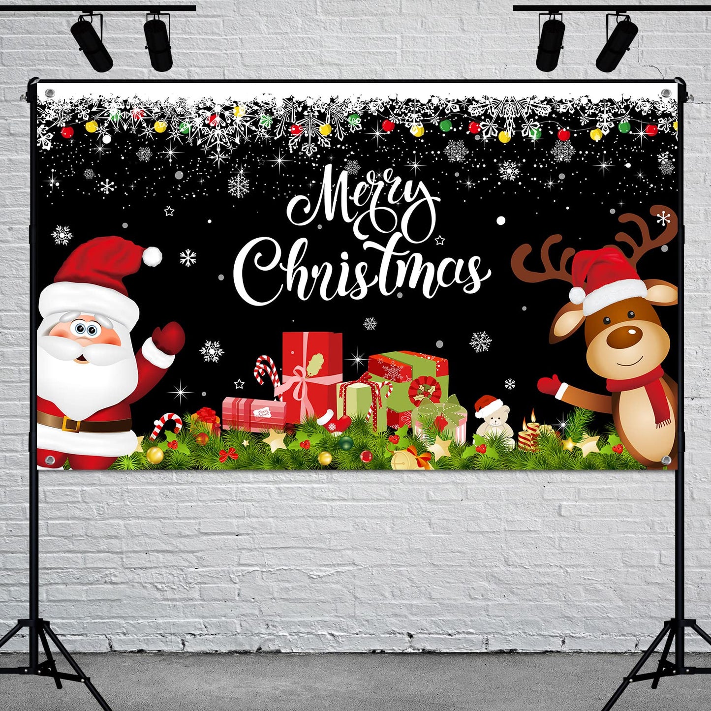 Irenare Christmas Banner Backdrop, Black Santa Claus Reindeer Merry Christmas Banner 72.8 X 43.3 Inch Indoor for Xmas Holiday Party Photo Booth Photography Wall Hanging Decor