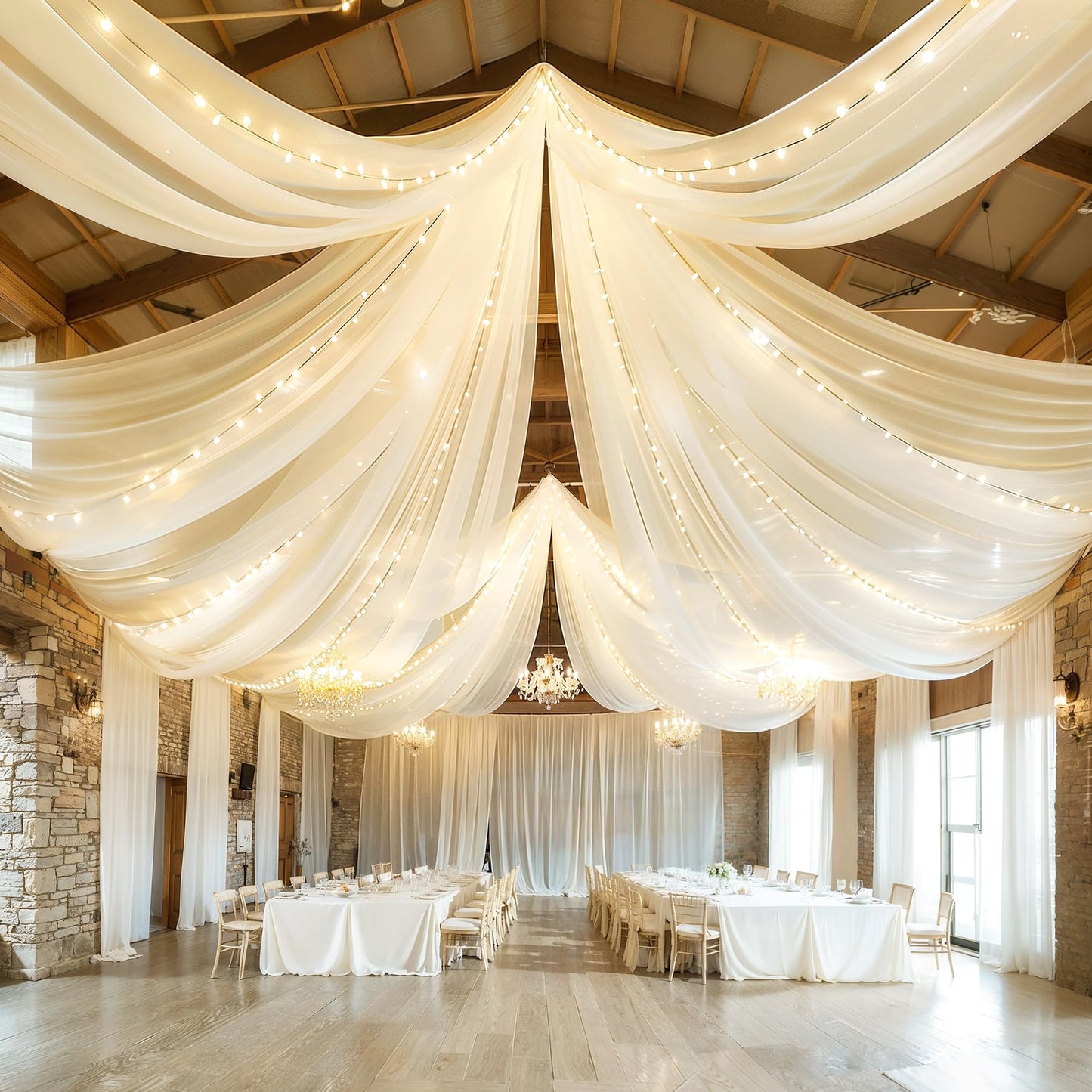 Ivory Ceiling Drapes with Lights - String Drapes for Wedding & Party Decorations - 5ftx10ft Sheer Tulle Curtains