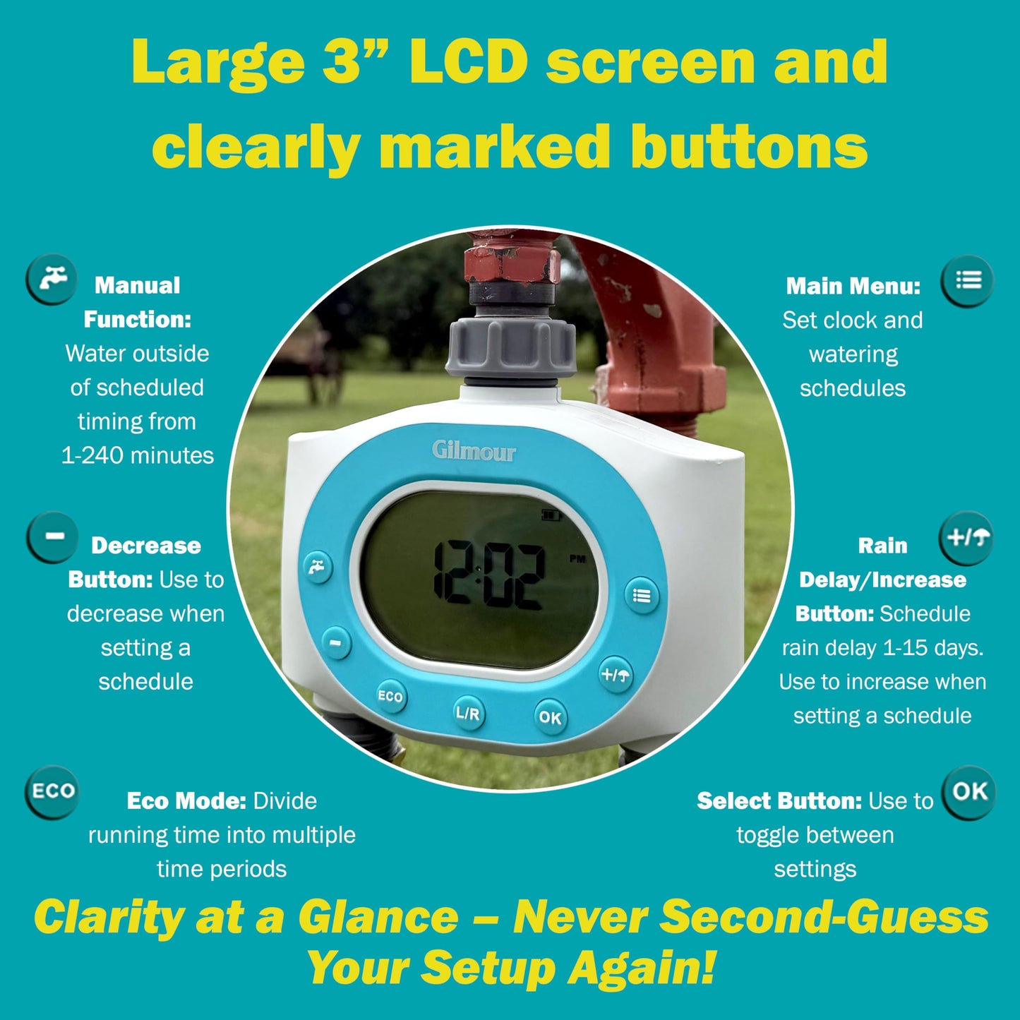Gilmour Dual Outlet Water Timer for Garden Hose, Programmable Automatic Watering System, LCD Screen, Rain Delay, Battery Operated