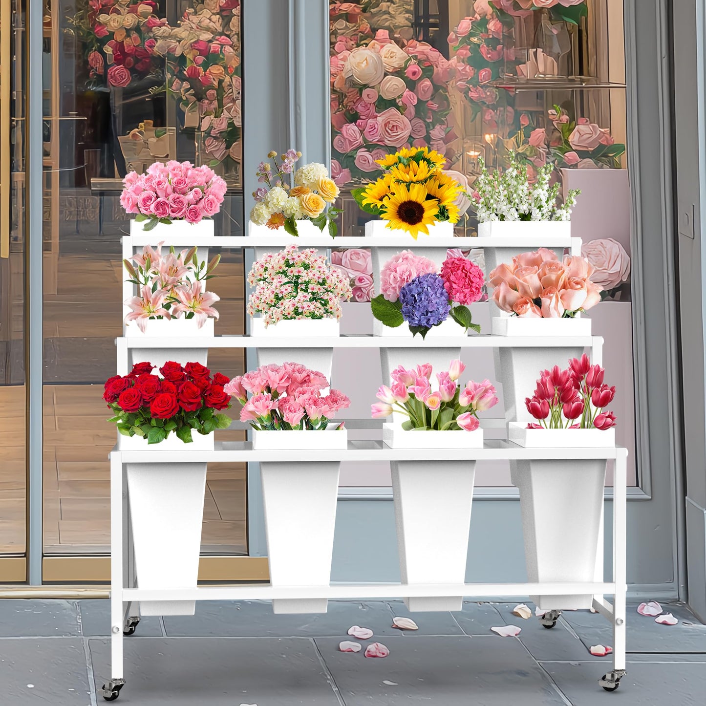 VGMiu Flower Display Stand with 12 Buckets, Flower Cart 3 Layers White Metal Flower Bar Stand with Wheels, Moving Florist Bouquet Shelf for Weddings Florist Indoor Outdoor Patio Garden Living Room