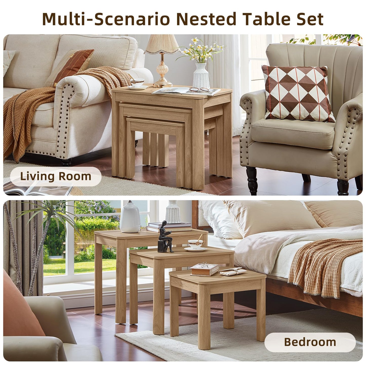 Joaxswe Farmhouse Nesting Tables Set of 3, Living Room Table Set with Rounded Corners & 4 Thickened Table Legs, Natural Wood