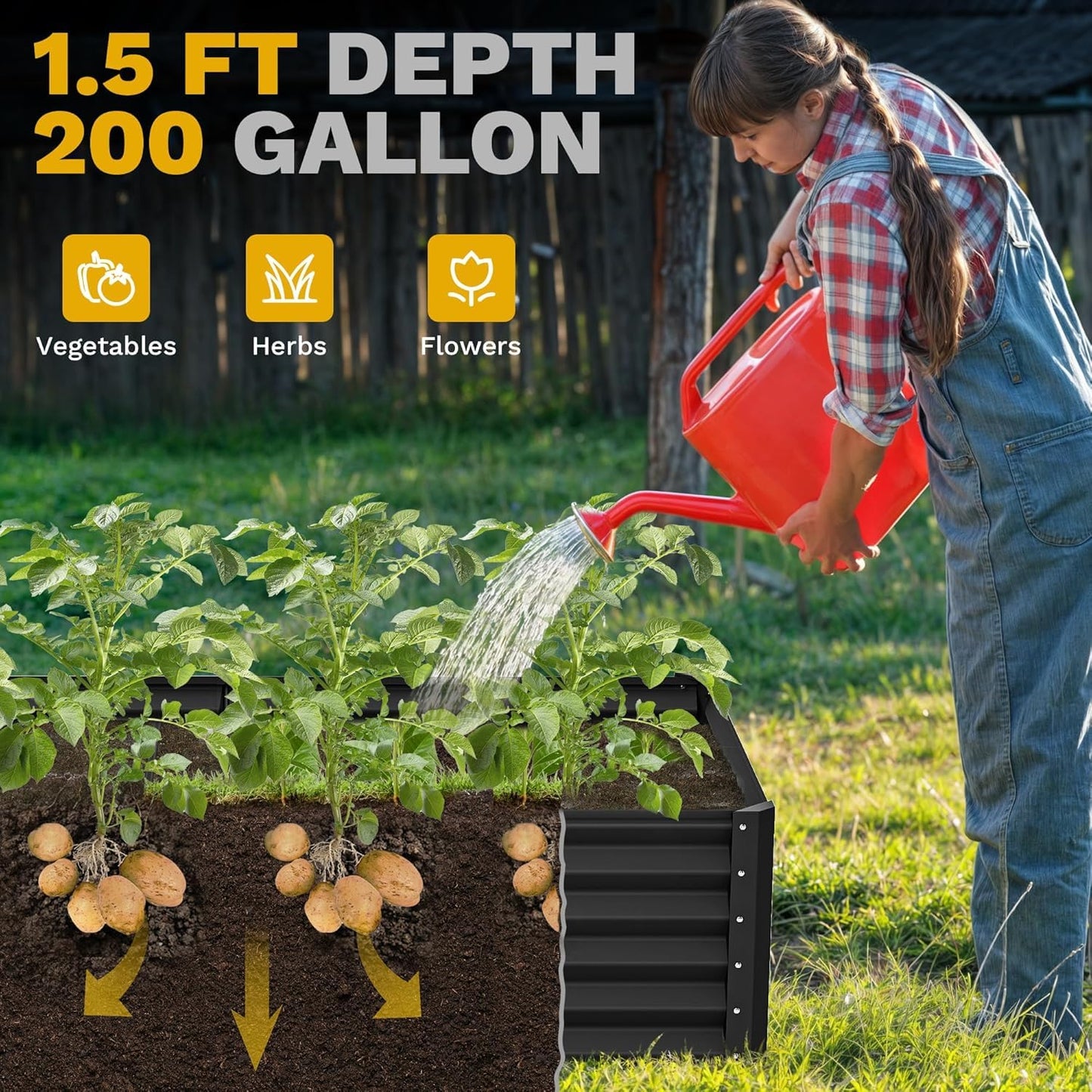 DWVO 6 x 3 x 1.5 FT Raised Garden Bed Kit, Outdoor Galvanized Flower Bed with Gloves, Large Metal Planter Box for Vegetables, Flowers, Herbs, Fruits, Black
