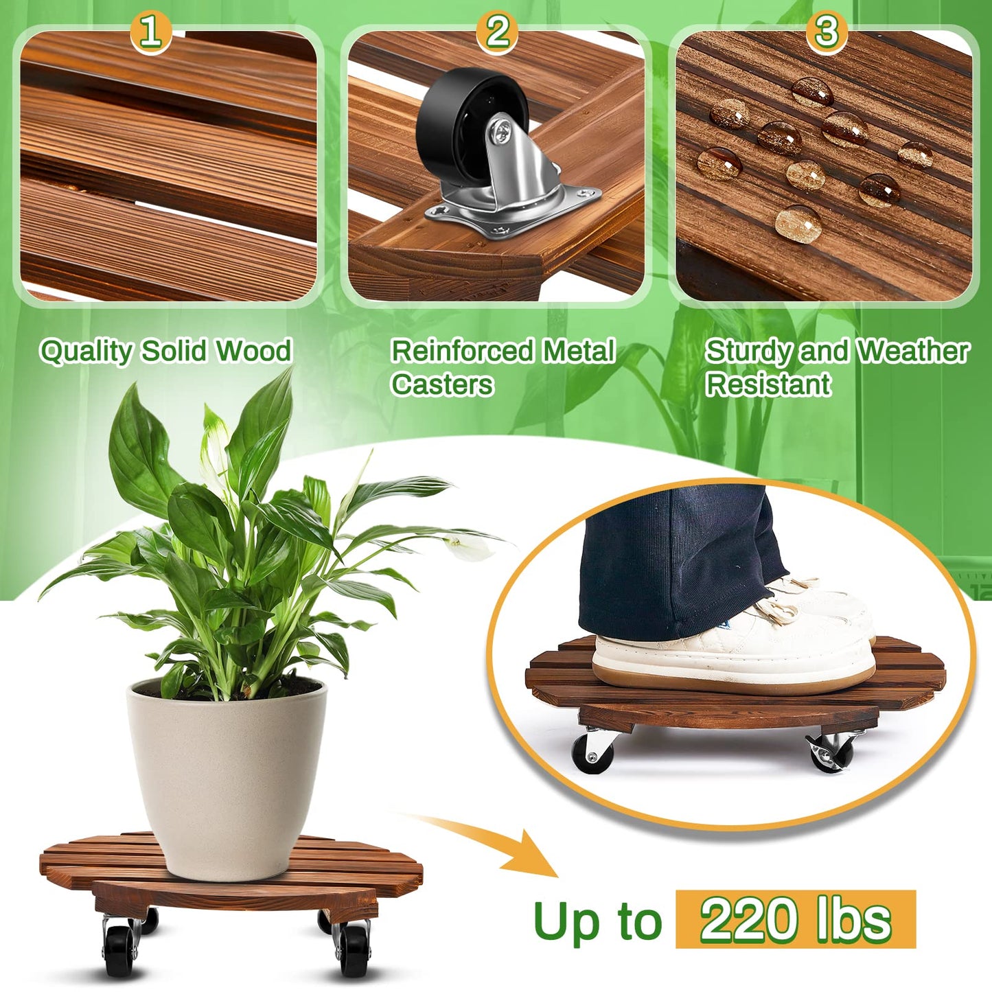 Taiyin 2 Pack 16 Inch Wooden Plant Stand with Lockable Wheels 220 Lbs Heavy Duty Plant Roller with Casters for Outdoor Indoor