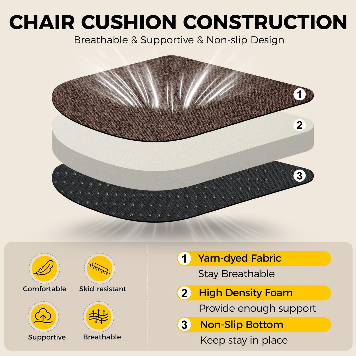 downluxe Indoor Chair Cushions for Dining Chairs, Soft and Comfortable Textured Foam Kitchen Chair Pads with Ties and Non-Slip Backing, 16" x 16" x 2", Brown, 6 Pack