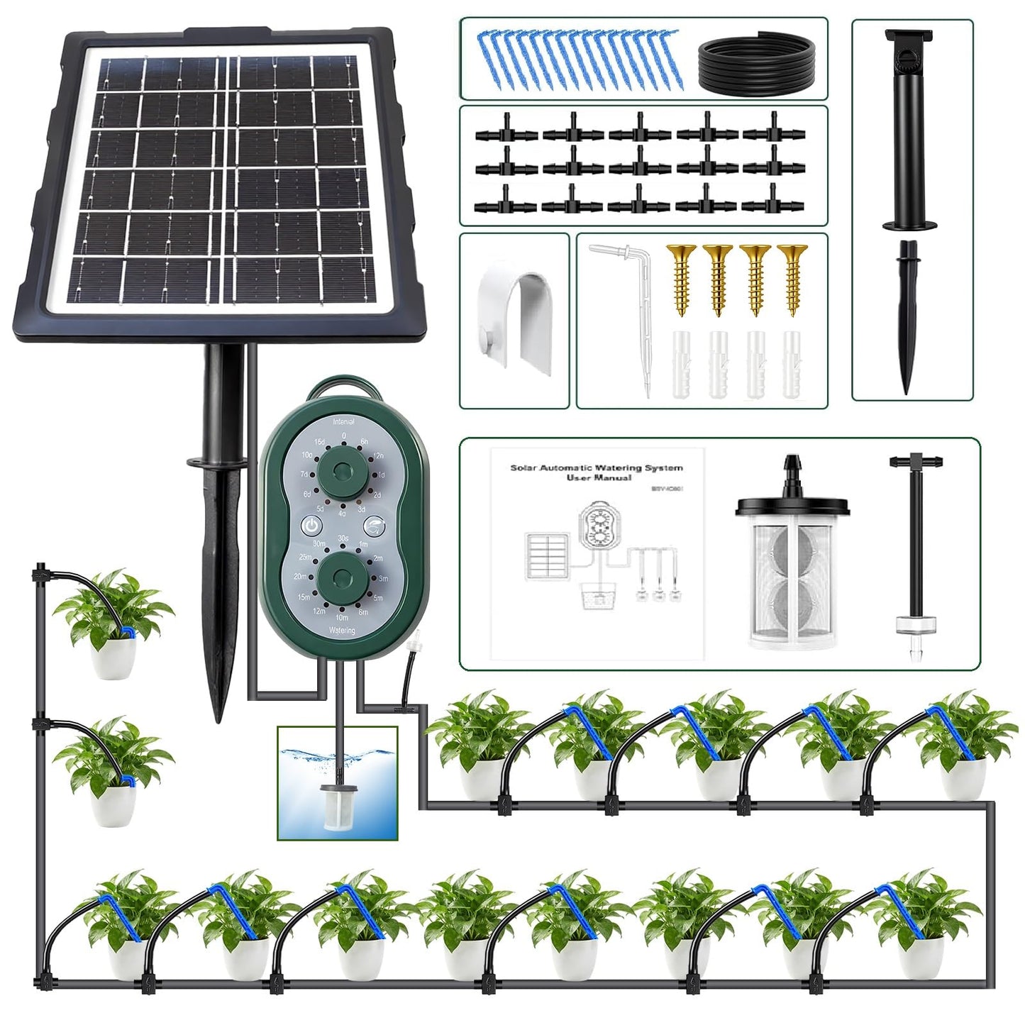 50FT Solar Automatic Drip Irrigation Kit System, Smart Self-Watering System with USB Charging for Outdoor Indoor Use, 2200mAh Automatic Watering System Supports 15 Pots for Garden, Balcony & Patio