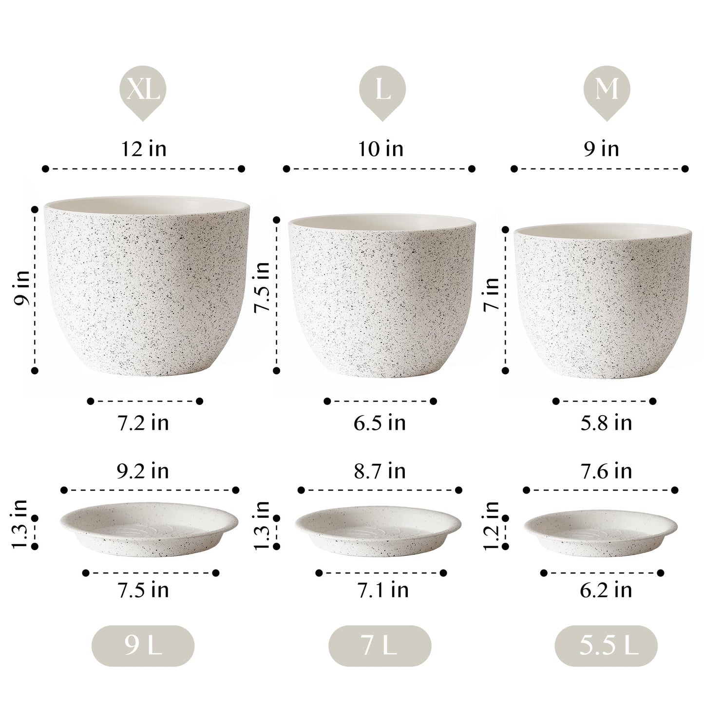 Giraffe Creation 12/10/9 Set of 3 Speckled White Plant Pots, Modern Indoor & Outdoor Planters with Drainage Holes and Saucers
