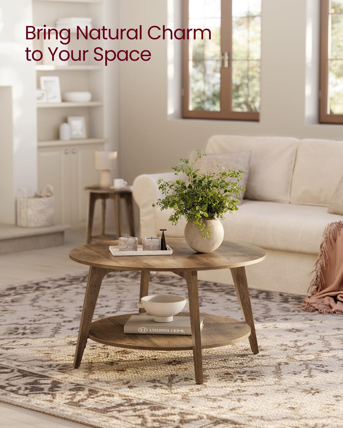 VASAGLE MAEZO Collection - Round Coffee Table, 2-Tier Center Table with Storage, Tapered Legs, Curved Transitions, 31.5 Dia. x 17.7 H Inches, Easy Assembly, for Living Room, Honey Brown ULCT243K41