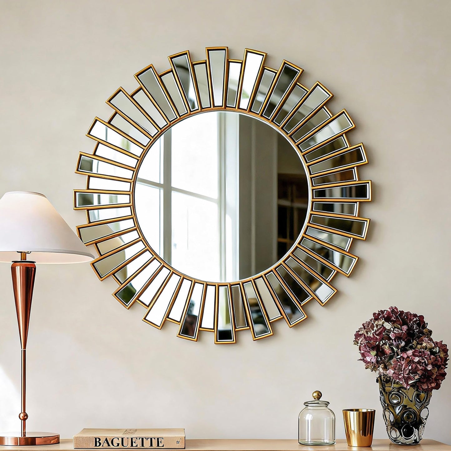 SHYFOY 23.6" Gold Sunburst Wall Mirror, Round Beveled Decorative Mirror with Layered Metal Frame, Glam Luxury Accent Wall Mirror for Living Room, Entryway & Bedroom