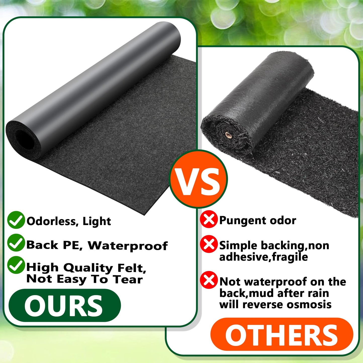 DECOHS 10 x 2 Ft Recycled Felt Mulch Mat Roll for Landscaping, Permanent Fabric Mulch Walkway Pathway Mat, Reusable Garden Pathway Mulch Barrier with 10 Stakes for Plants, Vegetable and Flower Outdoor