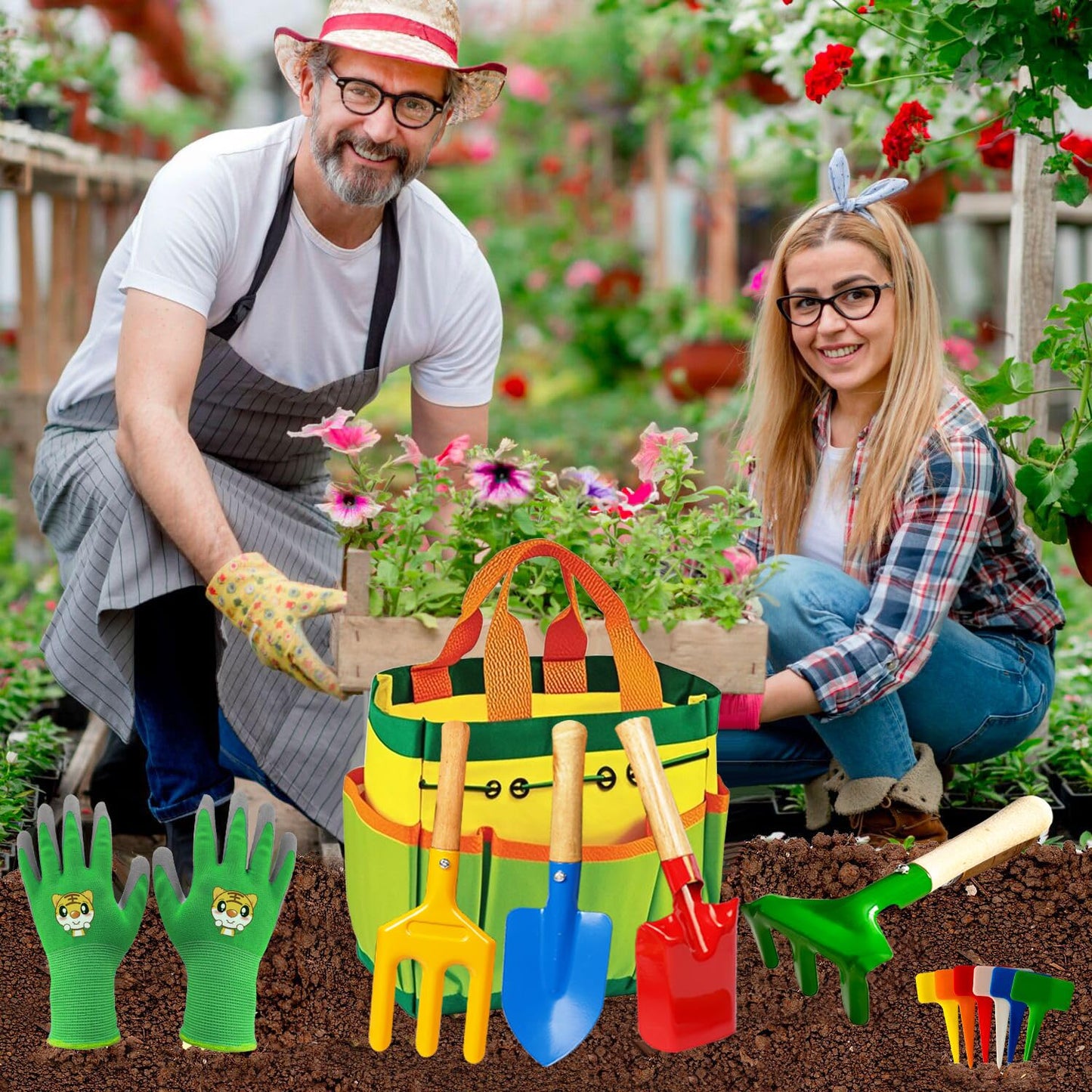 Kids Gardening Tools, Toddler Gardening Set for Kids Includes Rake, Shovel, Trowel, Apron Gloves Watering Can and Tote Bag, Spray Bottle, Kids Garden Tools Best Outdoor Toys Gift for Boys and Girls