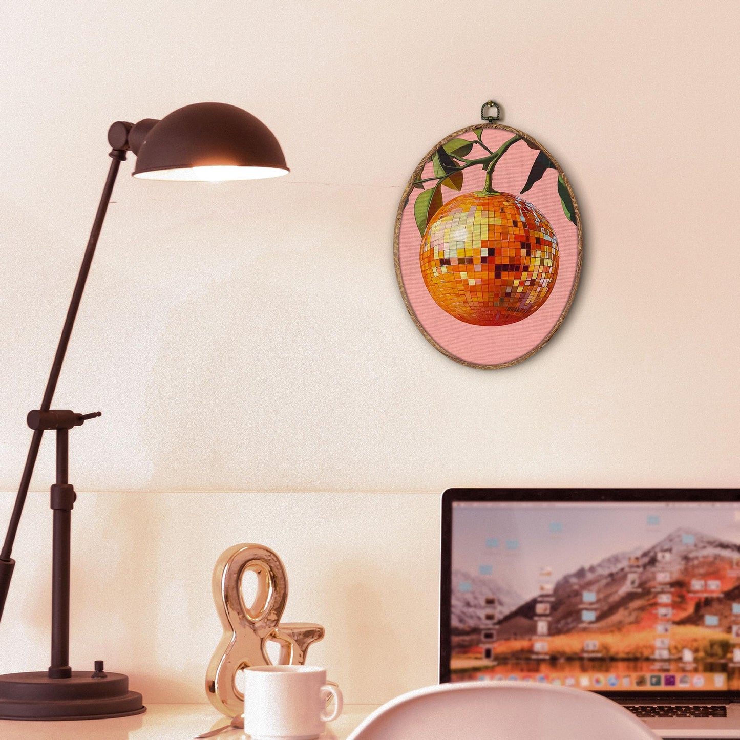 Hxlac Trendy Funky Orange Disco Ball Oval Wall Art Framed, Funky Retro Oval Wall Decor, Trendy Aesthetic Hanging Canvas Prints Wall Sculptures for Home Living Room Bedroom Decor, 8.5x11.5 Inch
