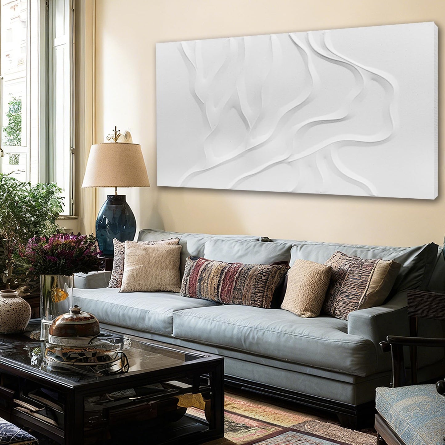ZUNARE Minimalist White Abstract Wall Art, Hand Painted Textured Canvas with Soft Organic Relief, Modern Neutral Wall Decor for Living Room or Bedroom 24×48 Inch