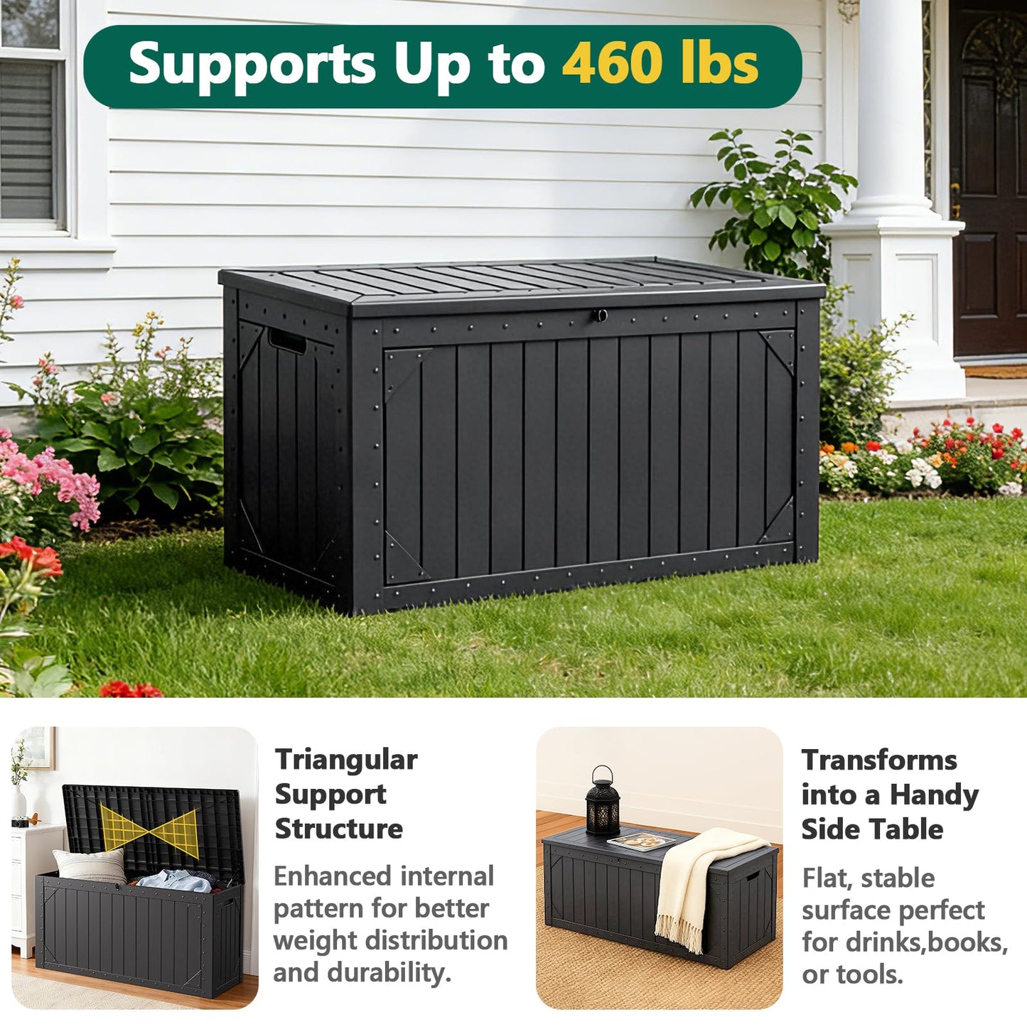 MAKE CHANGES 100 Gallon Outdoor Storage Box, Waterproof Resin Deck Box Organizer for Patio Cushion Storage, Lockable Outside Container for Garden Tools