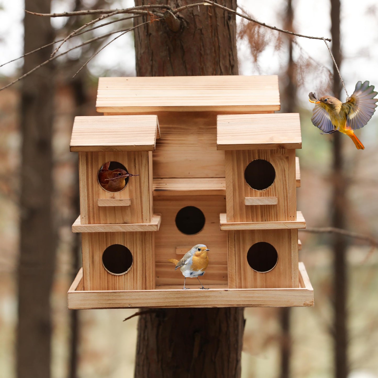 Bird Houses for Outside, 9 Room Wooden Bird House with Feeder, Large Hanging Birdhouse for Garden Backyard, Multi Hole Birdhouse for Small Birds, Outdoor Decorative Bird House for Finch Wren Chickadee