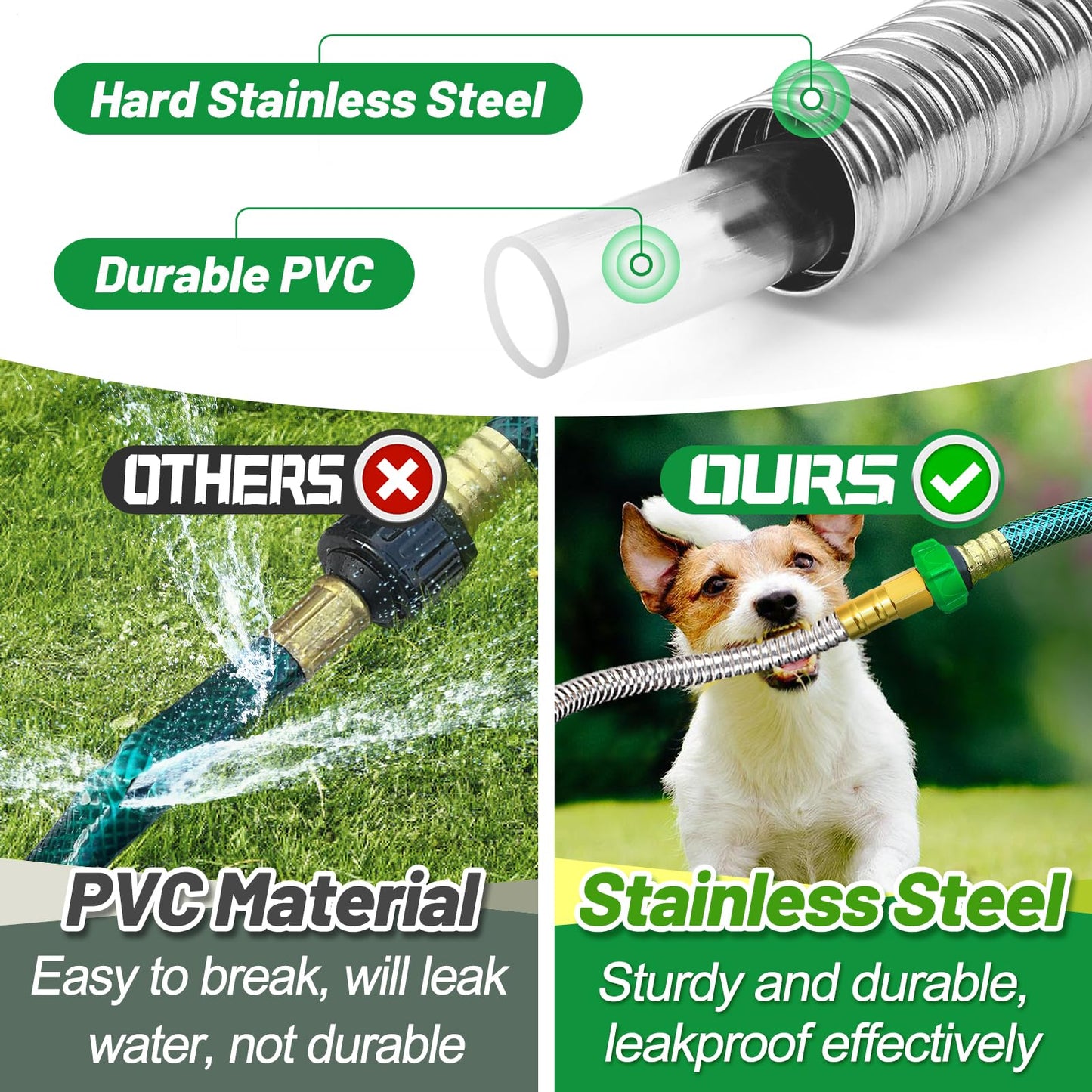 Garden Hose with Female to Female Connector - 25ft Metal Leakproof Leader Hose for Reel, Heavy Duty 304 Stainless Steel Flexible Water Pipe for Outdoor Garden Watering Car Pet Cleaning