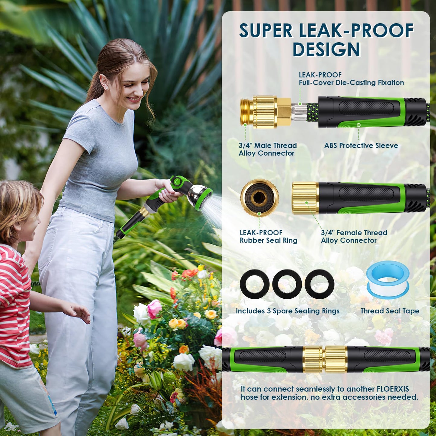 FLOERXIS Non-Expandable Garden Hose 50 FT, Lightweight Hose with 10 Function Spray Nozzle, Kink-Free Flexible Water Hose, Durable, Leak-Proof, 360° Swivel Connectors, Portable Storage Strap