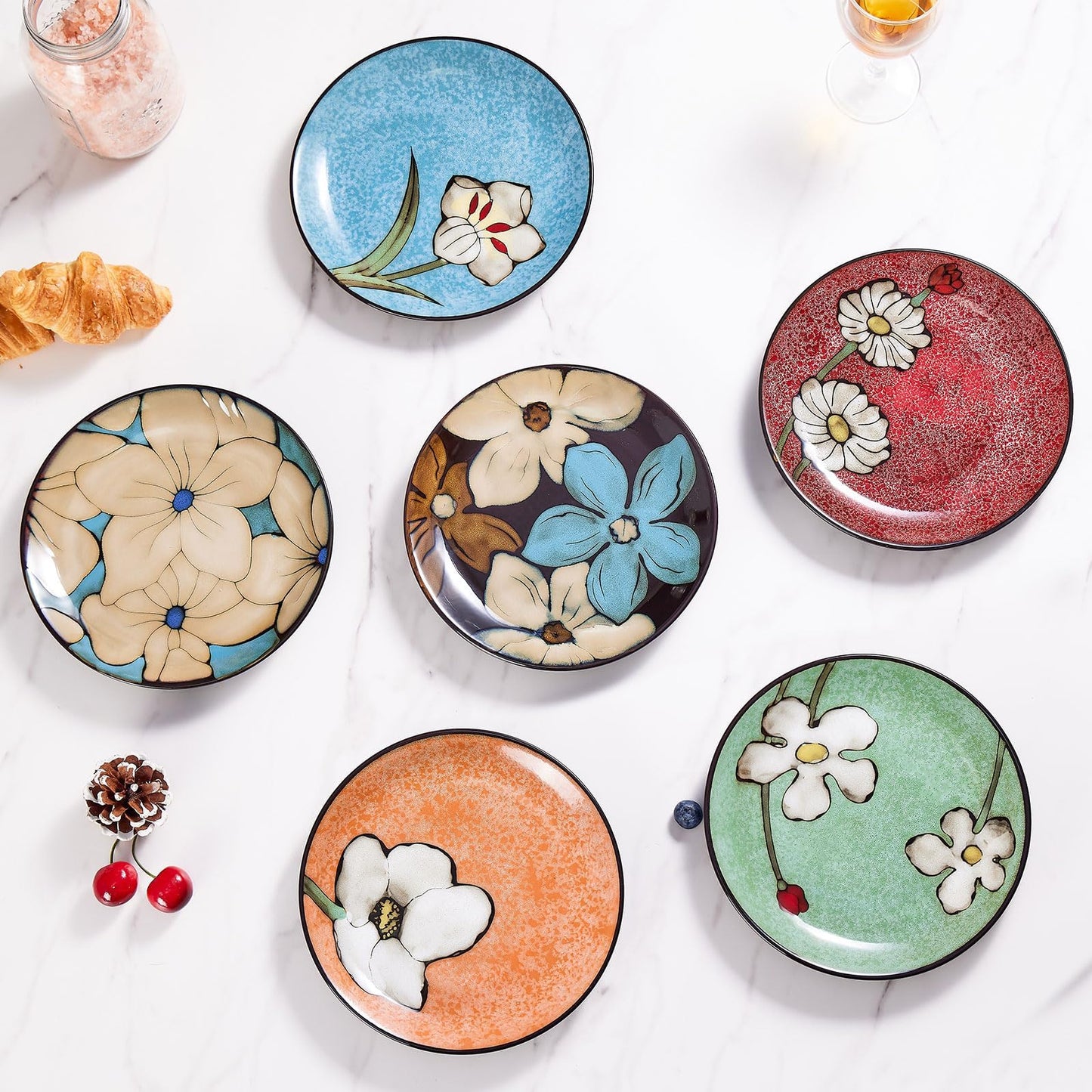 Soyestan Ceramic Salad Plates Set,8 in - Plates Set of 6 - For Steak,Salad, Pasta,Appetizer, Serving Etc - Dishwasher, Microwave, and Oven Safe, Scratch Resistant, Smooth Glaze (Multicolor A, 8 Inch)
