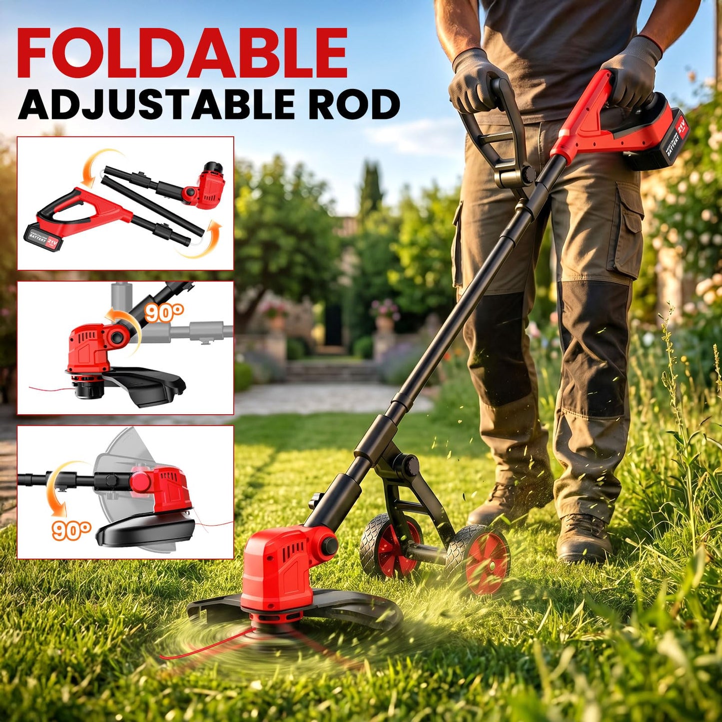 14" Weed Wacker 21V Cordless String Trimmer & Edger, Battery Powered Grass Trimmer with Auto Line Feed, 8 Replacement Spools & 2×3.0Ah Batteries Included
