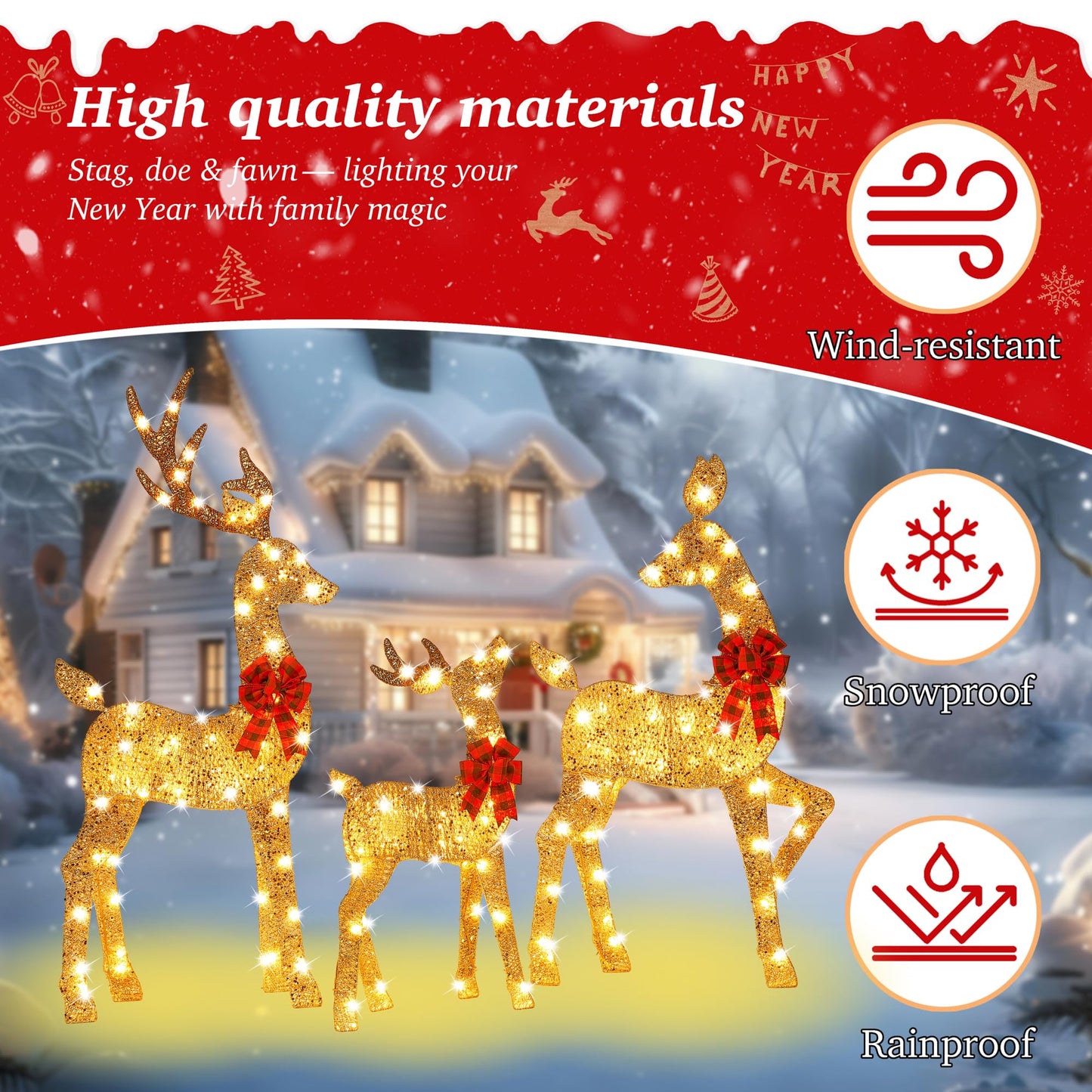 48 Inch 2.5D Gold Lighted Christmas Deer Decorations 3-Piece Outdoor Holiday Decorations Reindeer Set with 145 Warm White LEDs, Large Yard Display for Garden, Storefront