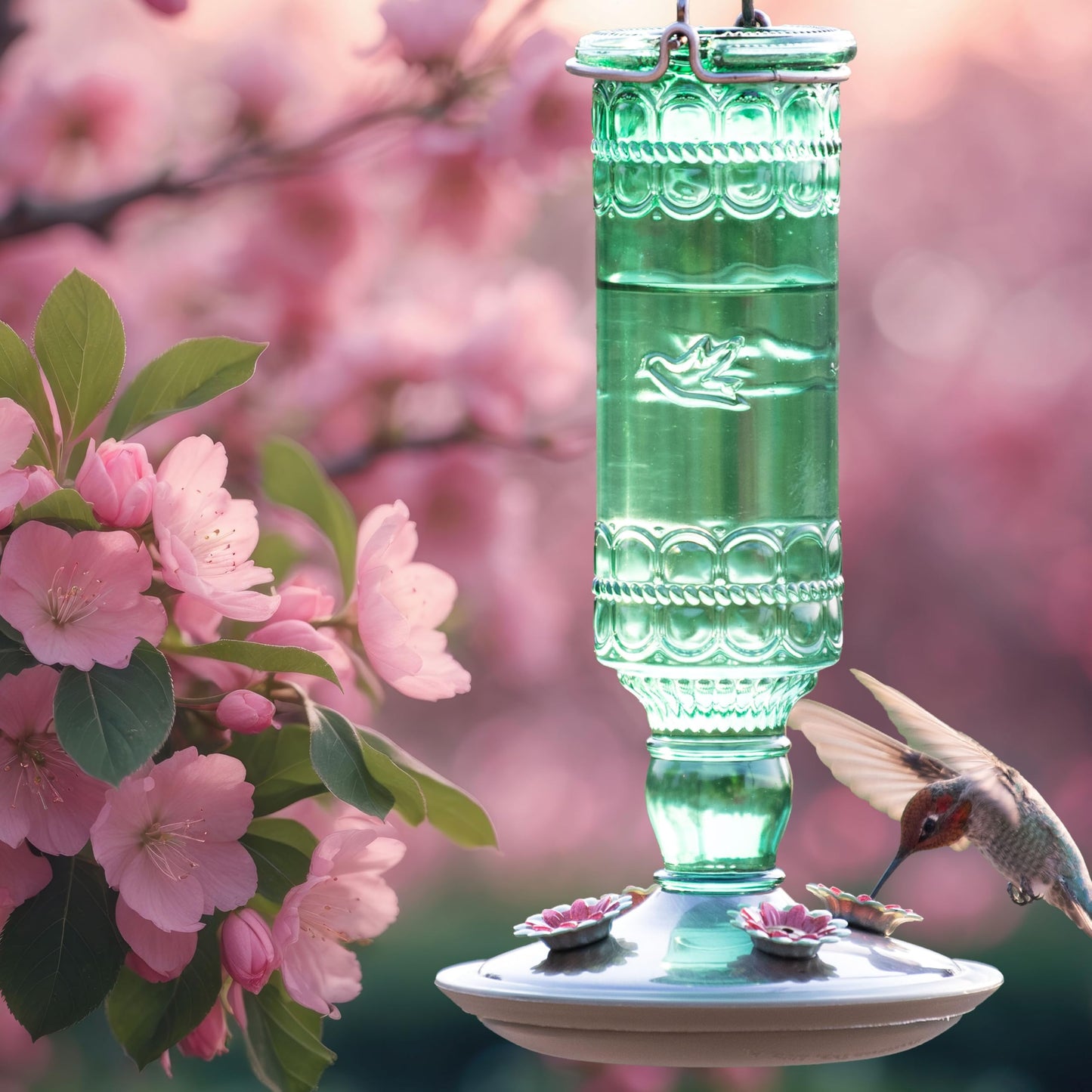 Perky-Pet Glass Bottle Hummingbird Feeder - Outdoor Garden Décor Humming bird Feeder, 8108-1SR - 10 Fl Oz Nectar Capacity - Durable Green Antique Design - Hang from Tree, Porch, Deck, Hook