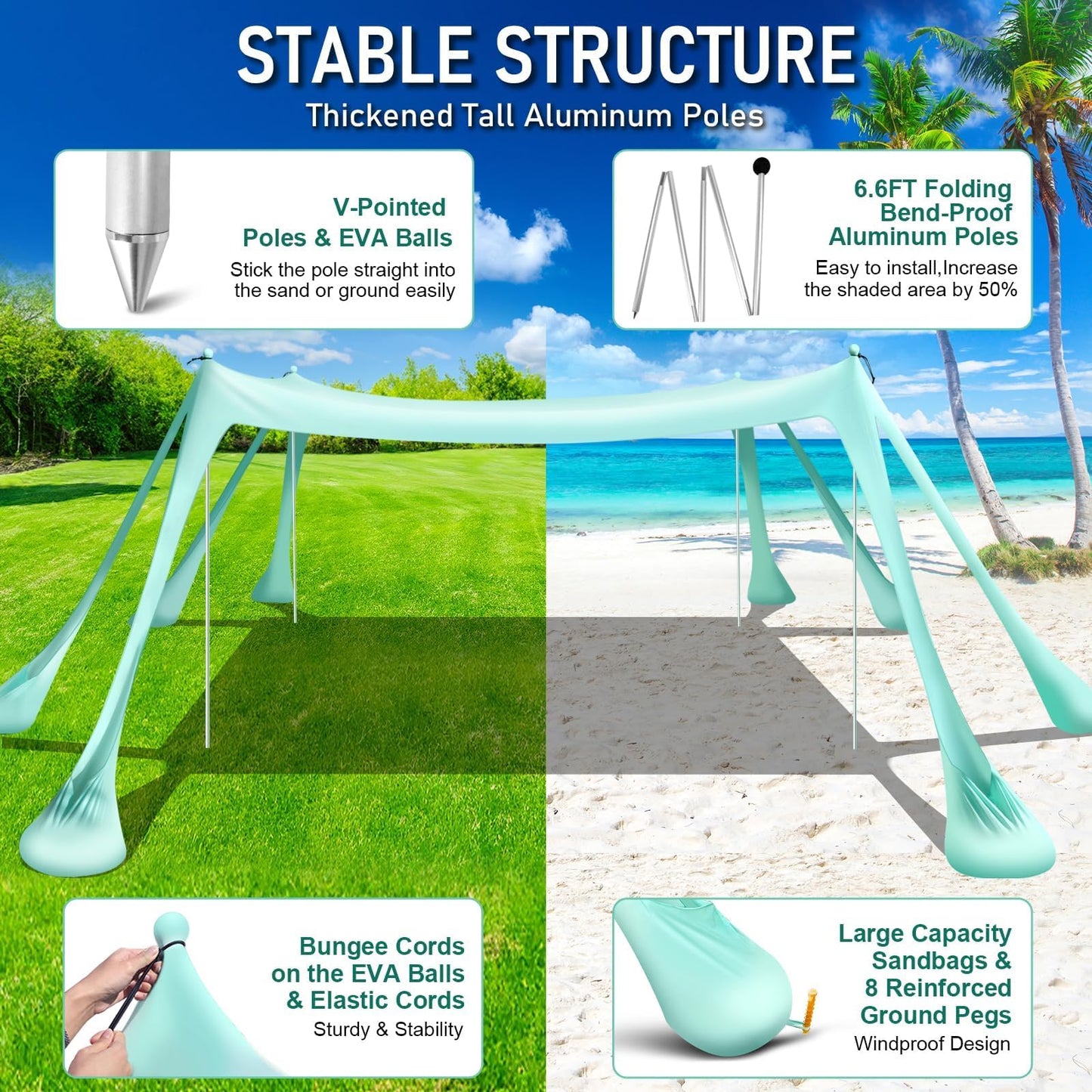 Ahititi Beach Tent Sun Shelter Beach Canopy Tent Sun Shade Pop Up 10x10 UPF50+ with 8 Sandbags-2 Sand Shovel-Portable 4 Aluminum Poles-Ground Pegs-Easy Setup for Outdoor Family Camping Fishing Picnic