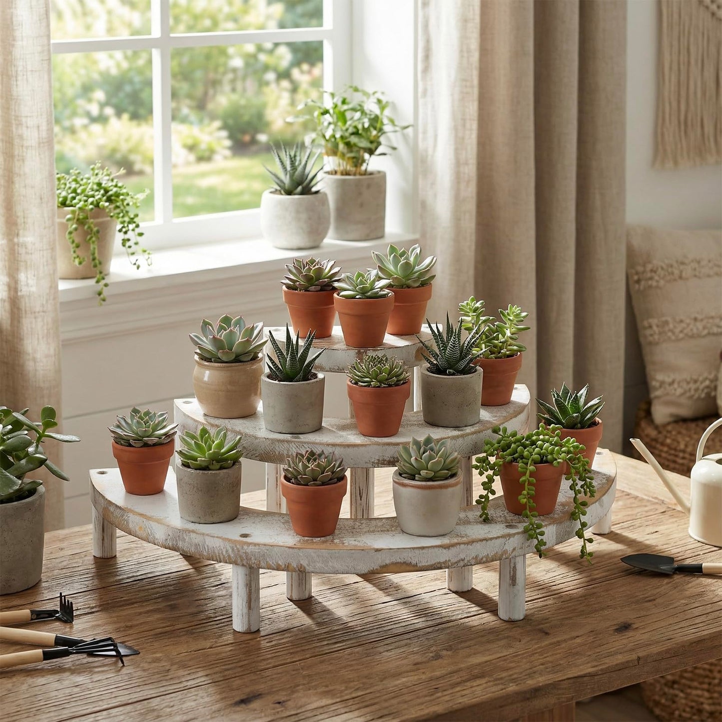 MyGift 3 Tier Wooden Display Riser Stand, Cupcake Stand & Perfume Organizer, Rustic Whitewashed Tiered Display Shelf for Desserts, Nail Polish, Makeup, Plants & Collectibles