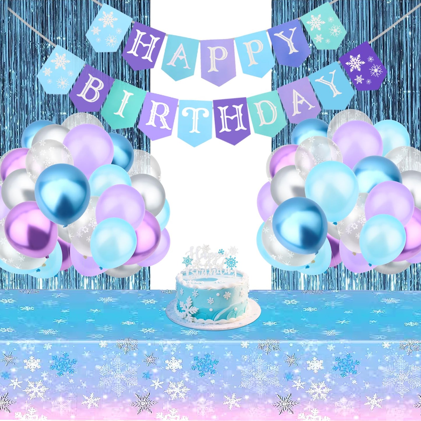 Jaciya Frozen Birthday Party Decorations Kit - Snowflake Balloons, Tablecloth, Backdrop, Cake Toppers & Happy Birthday Banner