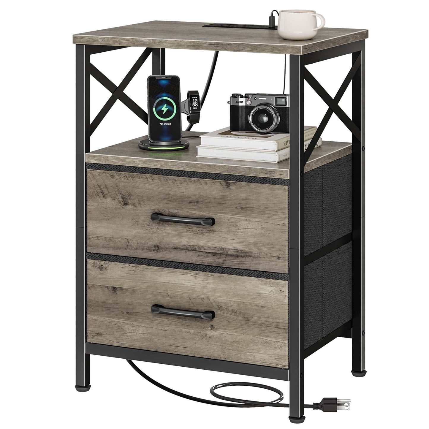 Huuger Night Stand with Charger Station, 2 Drawer Nightstand with Open Shelf, Bed Side Table with USB-C Port, End Table, Compact Size for Small Spaces, X Shaped Side Rail, Oak