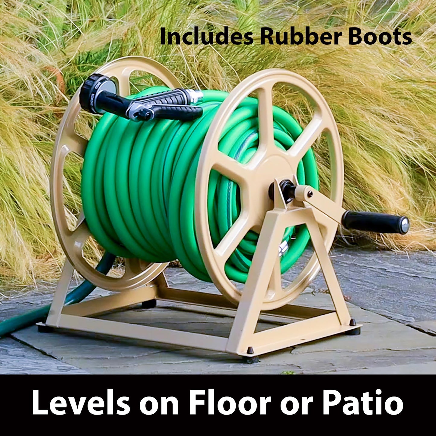 Liberty Garden 709 Steel Wall/Floor Mounted Hose Reel, Holds 200-Feet of 5/8-Inch Hose - Tan, 17.6 x 22 x 15