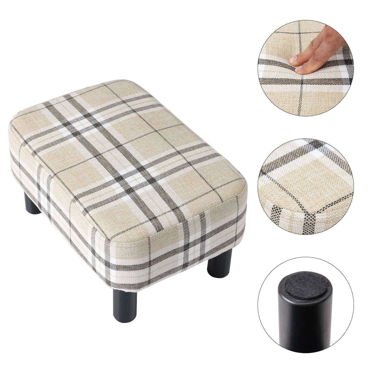 IBUYKE 16.54" Small Footstool, Linen Fabric Pouf, with Padded Seat Pine Wood Legs and Padded Rectangular Stool, for Bedroom, Stripe RF-BD215