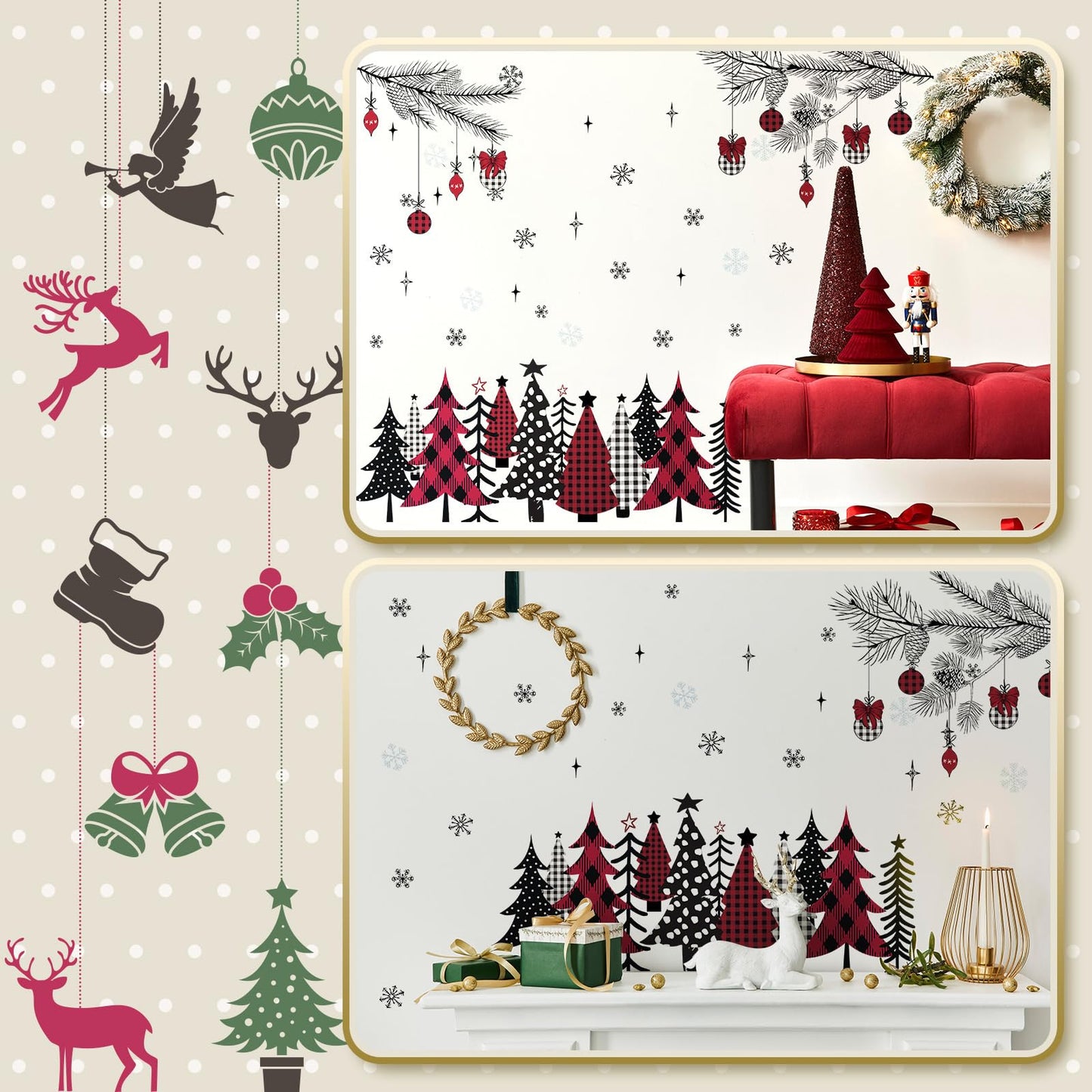 Qeeenar 3 Sheets Christmas Wall Decals Christmas Window Cling Sticker DIY Xmas Tree Stickers Removable Wall Stickers for Winter Living Room Xmas Holiday Decoration(Cute Style)