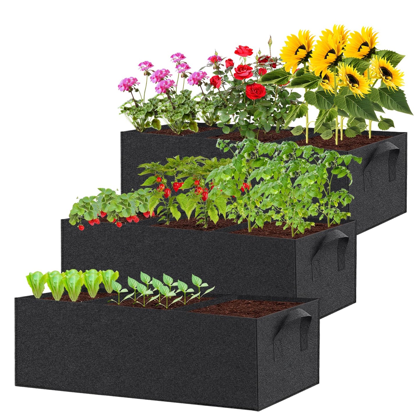 RGJ 3 Pack Fabric Raised Garden Bed, 22 Gallon 3x1x1 FT Garden Growing Bags with Handle, 3 Grids Breathable Garden Grow Bed Bag Grow Planter Bags Plant Bed for Planting Vegetables, Flowers and Herbs