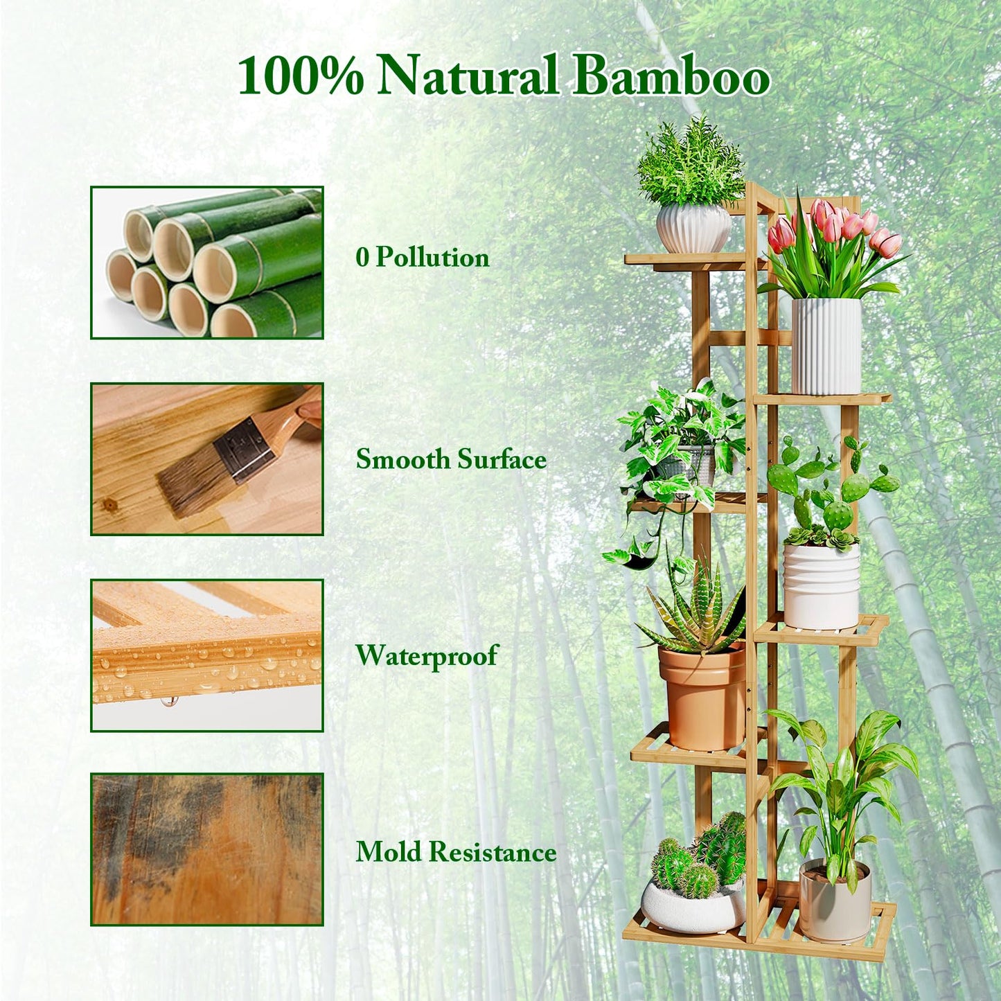 DolceLuna Plant Stand Indoor Corner, Tiered Bamboo Plant Shelf 46 Inch Tall, Plant Rack 6 Tier for Multiple Small Plants, Flower Holders for Living Room Bedroom Window Patio Balcony, Natural