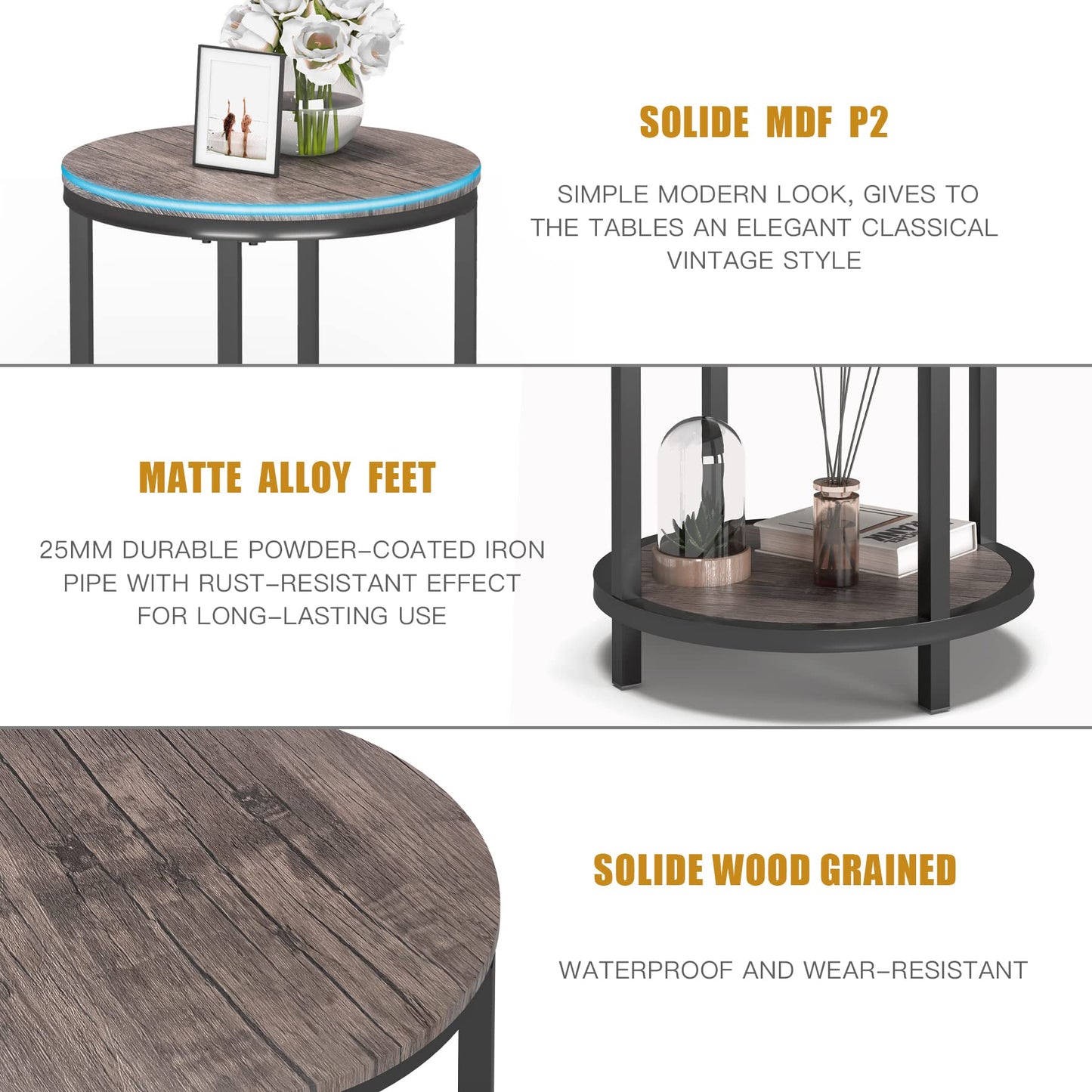 NSdirect Round Side Table,16in Rustic Wooden End Table Surface Top & Sturdy Metal Legs Nightstand for Living Room Bedroom Farmhouse Sofa Table with Storage Open Shelf,Light Walnut