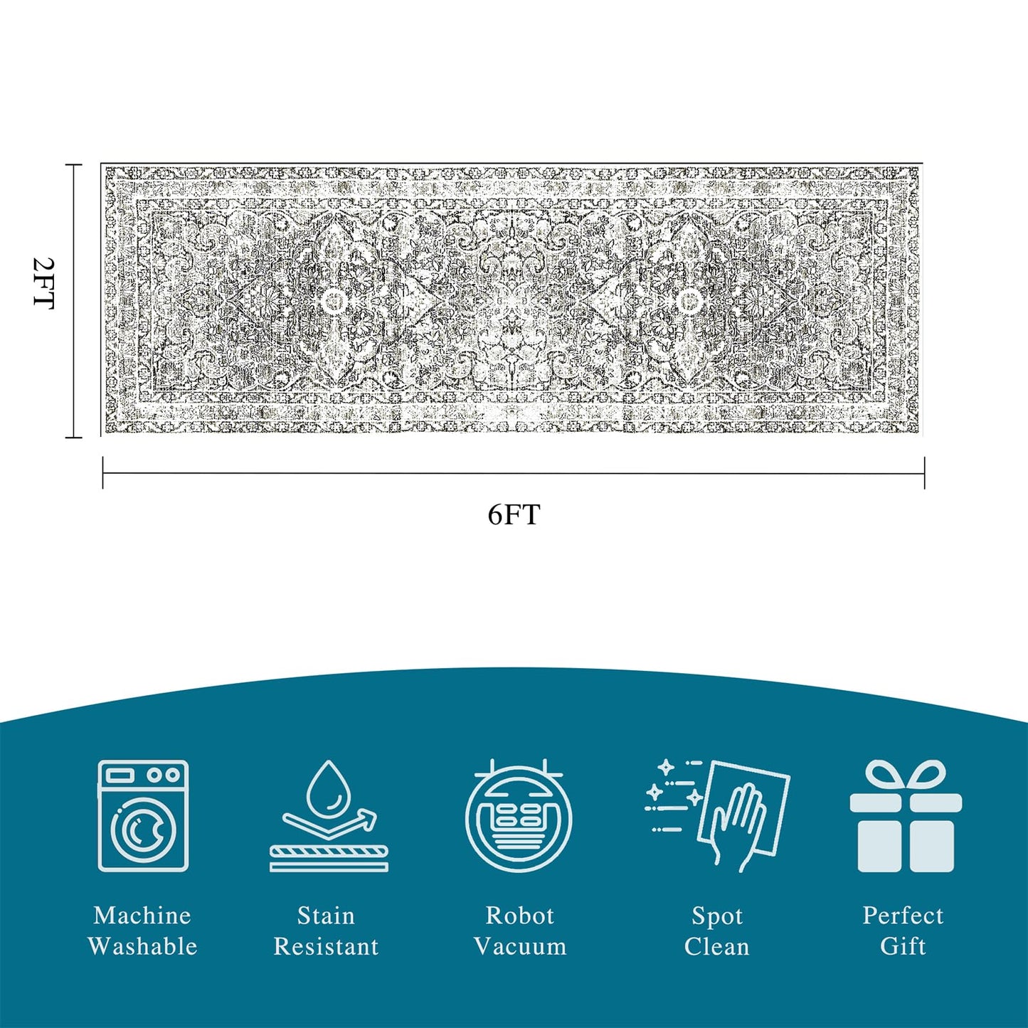 2x6 Hallway Washable Runner Rug : Vintage Soft Kitchen Bathroom Laundry Runner Non Slip Backing Farmhouse Entryway Floor Mat Stain Resistant Carpet for Bedroom Living Room Distressd Beside Rug(Gray)
