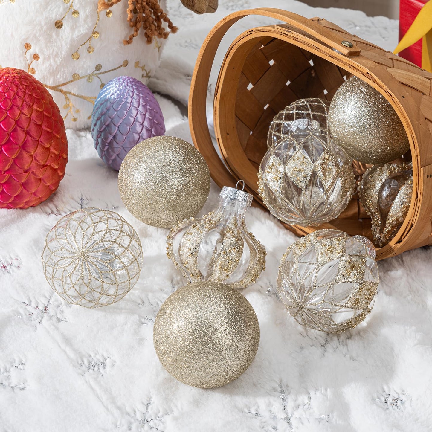 3.15" Clear and Champagne Christmas Ball Ornaments Set, 16 Pcs Luxury Hand-Painted Xmas Tree Decoration, Large Shatterproof Rustic Farmhouse Balls for Party Holiday Wreath Garland Home Decor