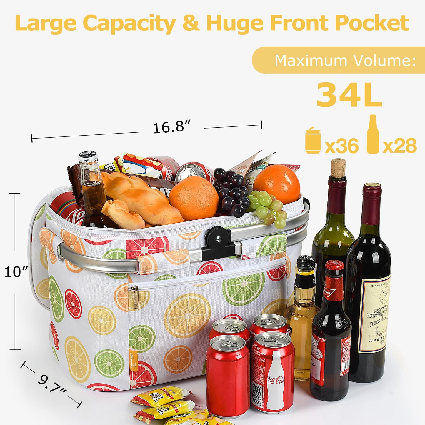 Tirrinia Large Insulated Picnic Basket, 34L Water Resistant & Leakproof Collapsible Portable Cooler Basket Set with Aluminium Handle for Travel, with a Free Foldable Grocery Bag, Yellow Lemon