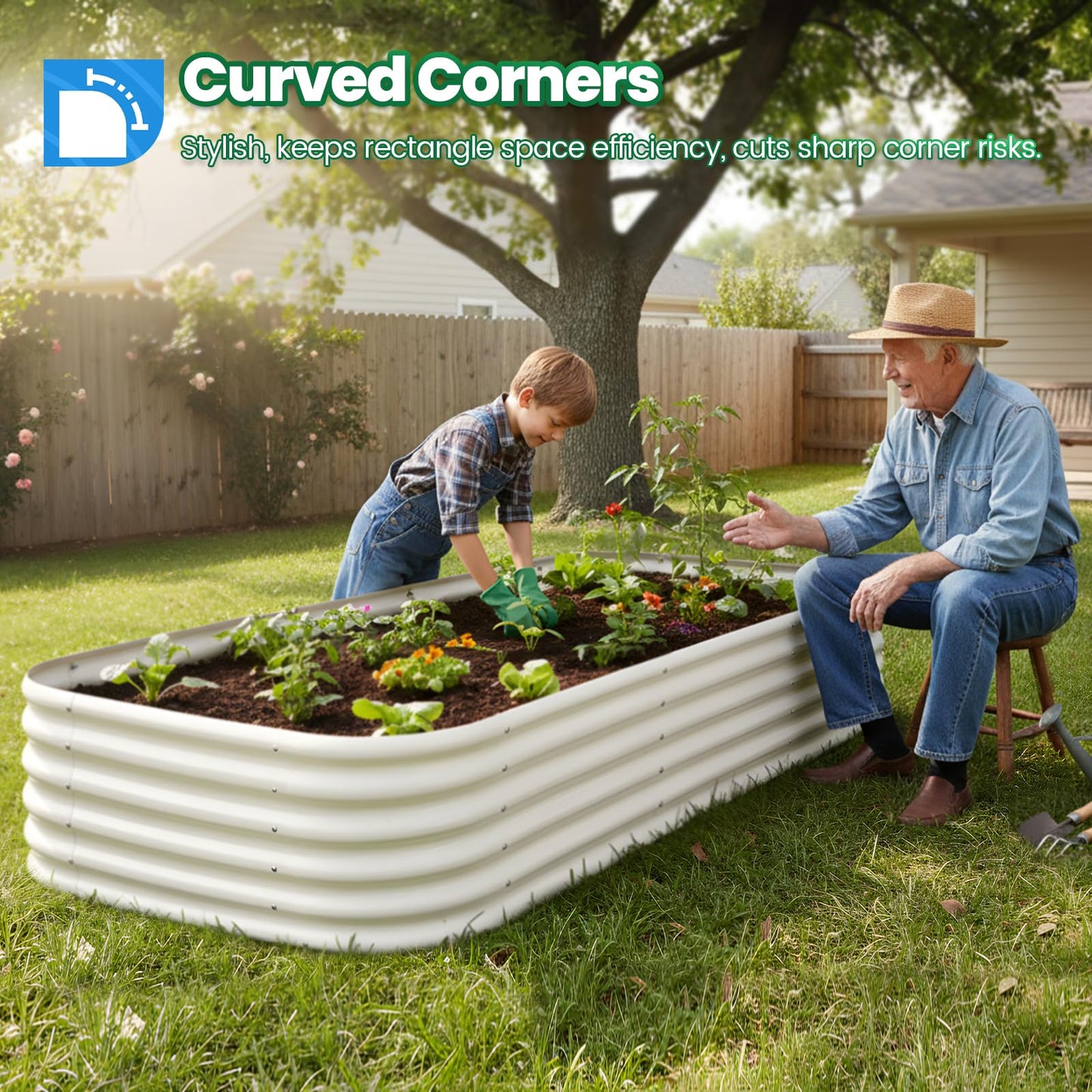 Quictent Raised Garden Bed Kit Oval Galvanized Metal Planter Box Tall for Vegetables Outdoor Backyard, Strengthened by Crossbar, Beige 8x4x1.5 ft