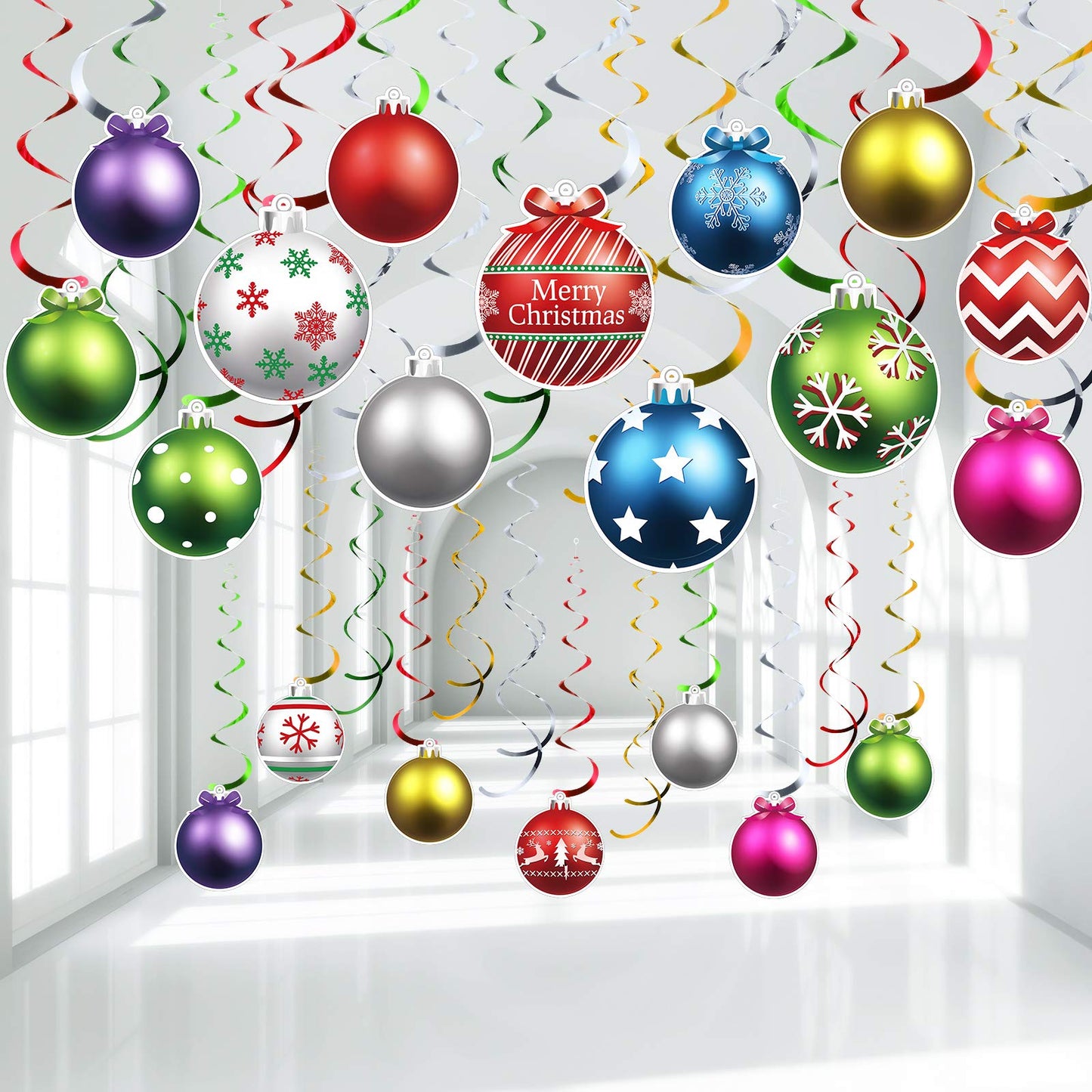 50 Pcs Christmas Foil Hanging Decorations Set Swirl Xmas Holiday Light Bulb Ball Hanging Swirls Ceiling Decorations for Indoor Outdoor Xmas Holiday Party Supplies