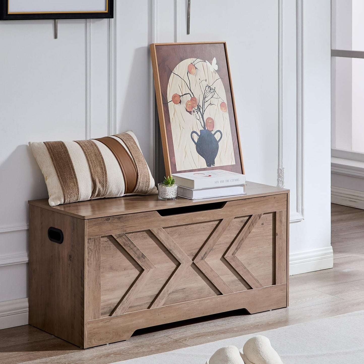 XDliv 39.4” Storage Bench, Extra Large Entryway Bench with Storage,Storage Chest with 2 Safety Hinges,Blanket Storage,Shoe Storage Chest for Bedroom,Living Room,Easy Assembly. (Greige)