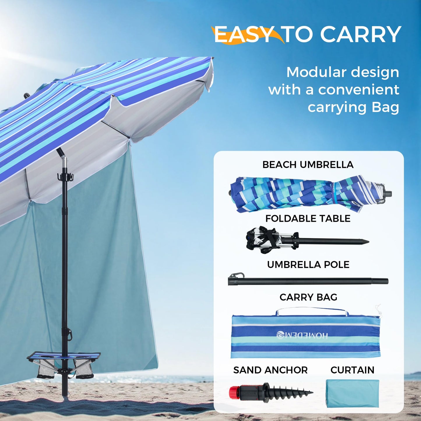 HOMEDEMO 7FT Beach Umbrella with Curtain, Beach Umbrella for Sand with Large Spiral Sand Anchor & Carry Bag, Heavy Duty Windproof Outdoor Umbrellas, UPF 50+ Protection, Parasol, Navy Blue Stripe