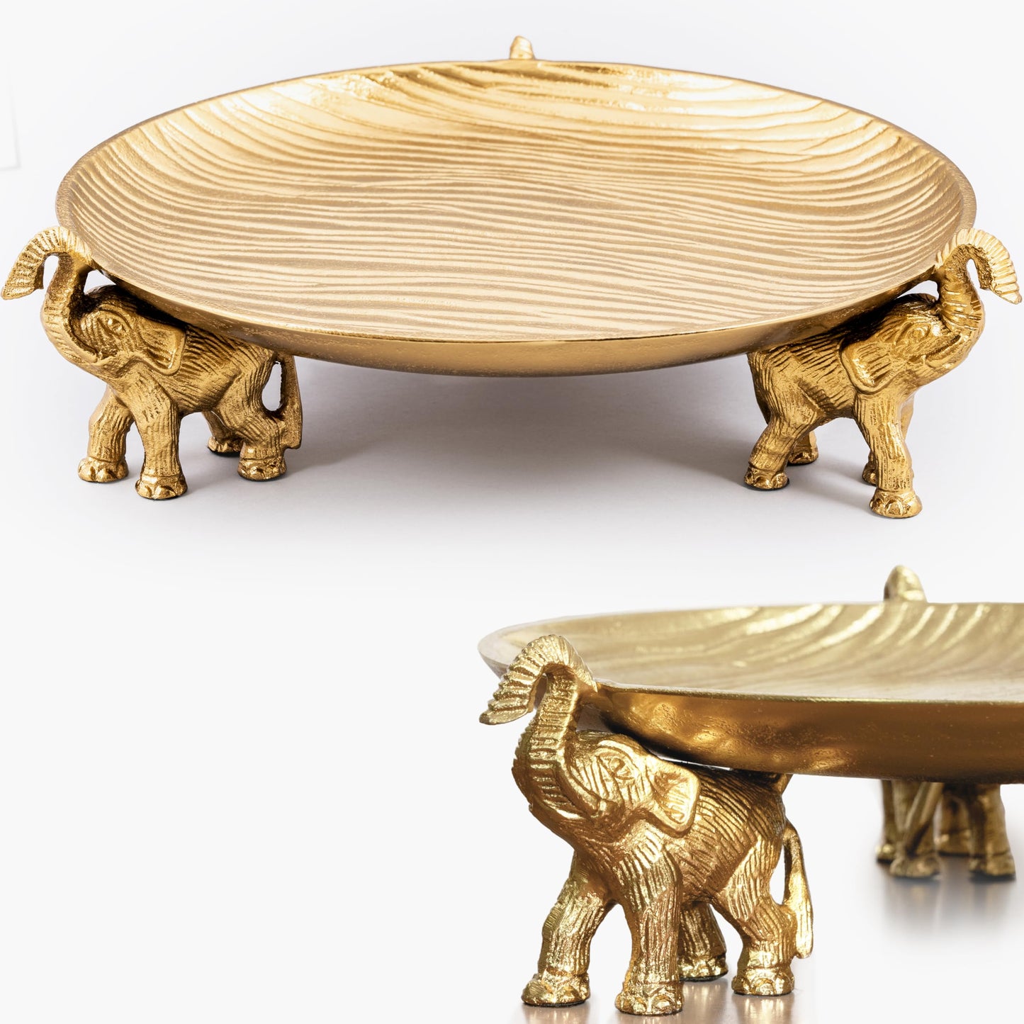 JUUVANA Round Golden Serving Tray with Handles – Decorative Coffee Table Tray, Round Decorative Tray, Gold Table Decor for Dining Table Centerpiece Decor, Vanity Tray, Perfume Tray