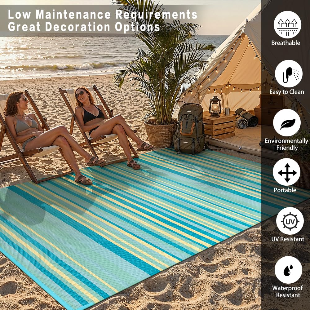WondRg Outdoor Plastic Straw Rug Waterproof Patio 8x10 Teal Yellow Stripe Mat for Porch Camping RV Balcony Deck Courtyard Reversible Lightweight Durable Portable Carpet