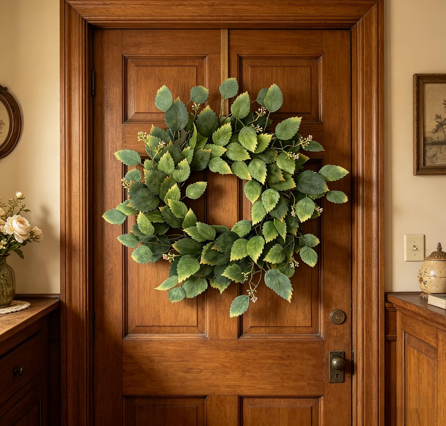 26" Green Hibiscus & Eucalyptus Leaf Wreath for Front Door - Large Artificial Greenery Outdoor Wreath for Porch, Window, Farmhouse, Home, Holiday, Hanging Decor - Spring, Summer, Fall, All Seasons