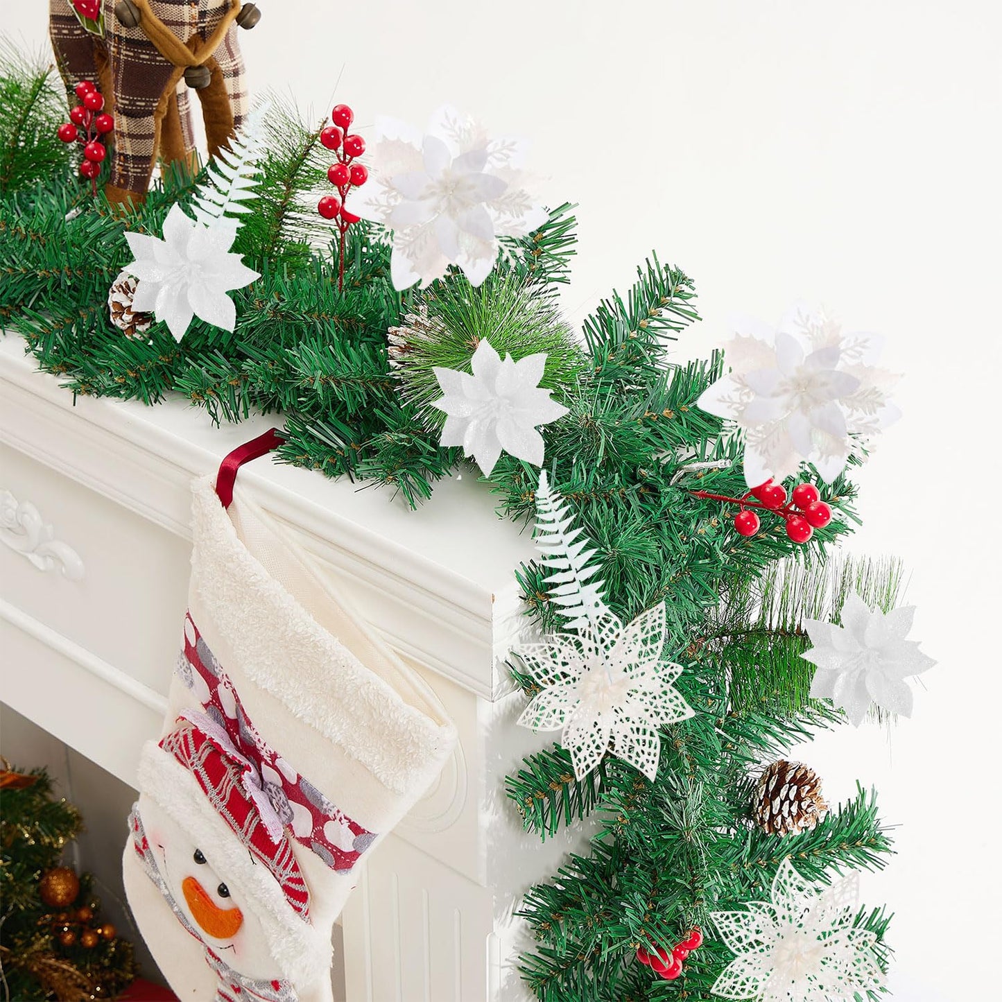30 Pcs 3 Styles Poinsettias Artificial Christmas Flowers Decorations Set, 18 Poinsettia Flowers Artificial with 12 Christmas Tree Picks for Xmas Decor Holiday Party Decorations（White）